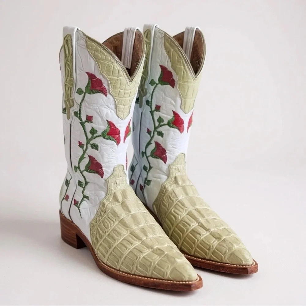 Botas Aguila Real Crocodile Boots Green Floral Leather Women’s Size 4.5